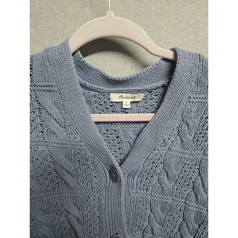 Madewell Blue Cable Knit Cropped Cardigan Sweater Cotton V-Neck CKF483106323 S